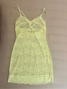 Victoria's Secret Neon Green Yellow Lace Slip Dress Lingerie Sexy See Through